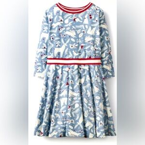 Mini Boden Girls Holiday Woodland Animal Dress‎ Blue Red 9-10Y Christmas Outfit